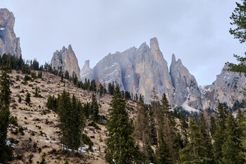 March 2025: View of the Rosegarden from the Vajolet valley, Catinaccio and Gardeccia, Trentino,...