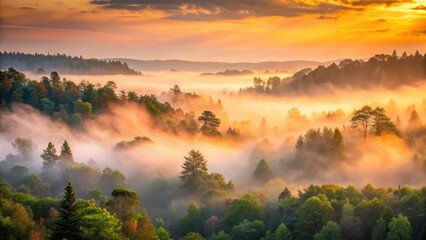 Muted orange hues peek through dense forest foliage as misty fog slowly lifts
