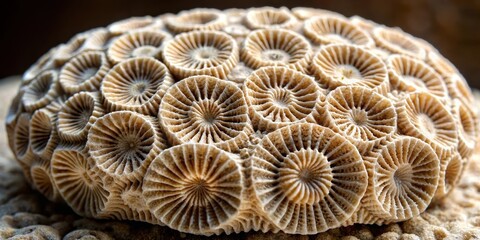 Intricate fossilized coral structure with swirling patterns of calcium carbonate