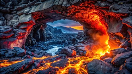 Smooth lava flow in a dark volcanic cave