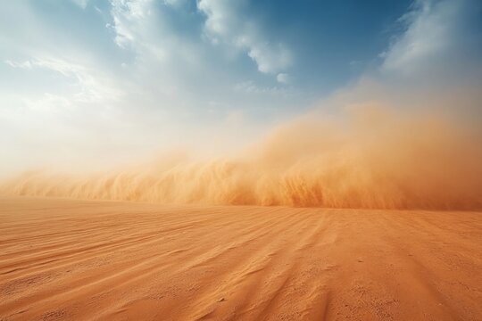 Powerful sandstorm sweeping over sand dunes in desert environment, creating dramatic scene of nature's force