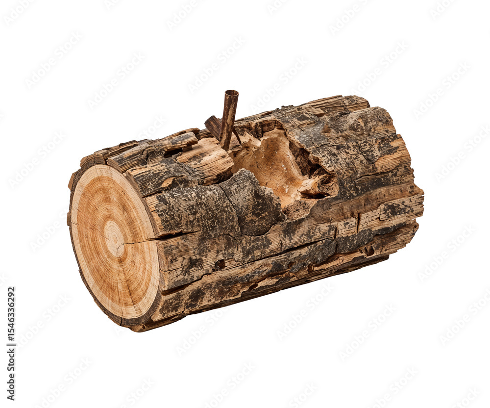 Poster isolated wood log with visible tree rings and an embedded metal rod, creating a rustic and industria