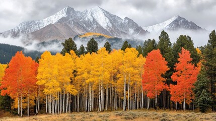 Autumn Aspen Forest with Snowy Mountain Background