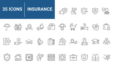 Insurance set of web icons in line style. Insurance and assurance icons for web and mobile app. Protection of health, life, property, car, home, travel insurance icons and more. Vector illustration