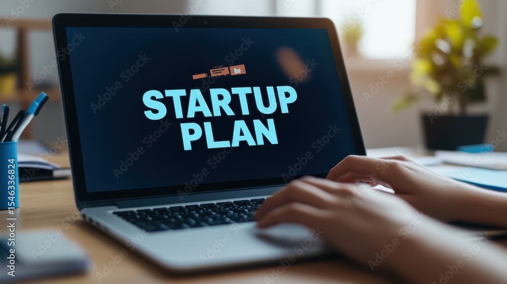 Poster startup plan text on laptop screen with hands typing in modern workspace environment