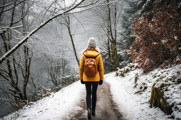 A person in a yellow jacket walks along a snowy forest path surrounded by winter trees and a serene, cold landscape.
