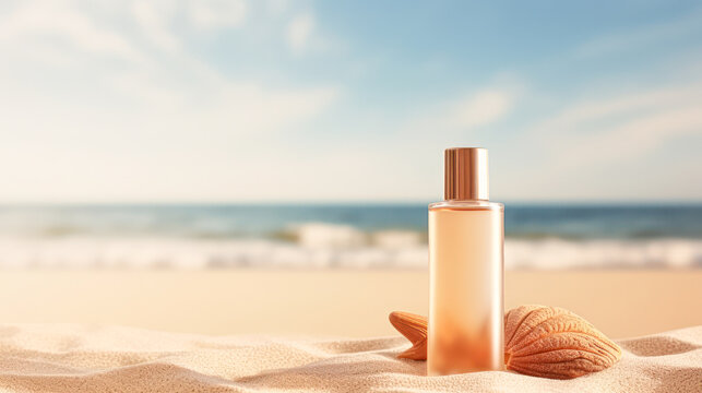 A sunscreen bottle and two starfish rest on sunlit beach sand with the ocean and blue sky in the background. - Powered by Adobe