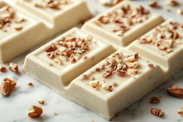 White chocolate bars garnished with walnut crumbles, creating a sweet and decadent treat