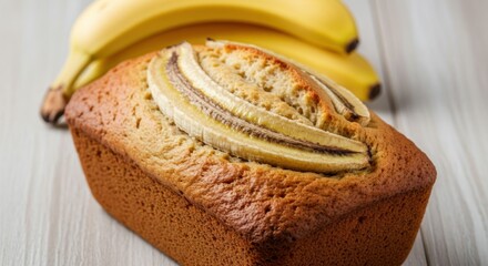 Banana loaf topped with sliced bananas on a light wooden surface.