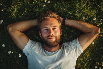 Portrait of a bearded man lying in the grass with his hands behind his head, enjoying the peace and quiet of nature