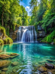 Obraz premium waterfall cascade into crystal clear pool at forest