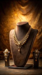 Luxurious gold jewelry display on velvet stand under soft dramatic lighting