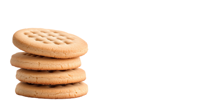 Four golden-brown cookies stacked on top of each other, isolated on a white background.