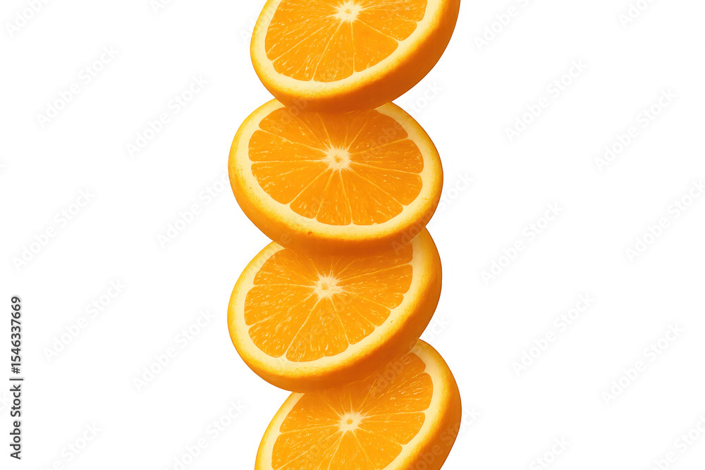 Poster four freshly cut orange slices stacked vertically, creating a vibrant and juicy pattern against a tr