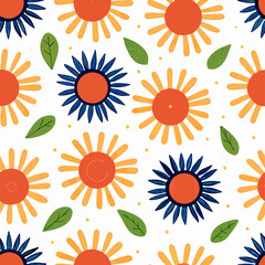 Seamless Pattern: Orange and Blue Sunflowers with Leaves