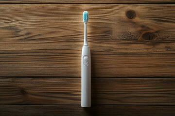 Modern electric toothbrush lying on wooden table, promoting oral hygiene and daily dental care routine