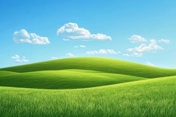 Obraz premium Green grass field landscape with rolling hills and blue sky with clouds representing perfect idyllic scenery
