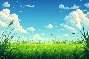Obraz premium Lush green grass field swaying gently under a vibrant blue sky dotted with fluffy white clouds, creating a serene and idyllic natural landscape
