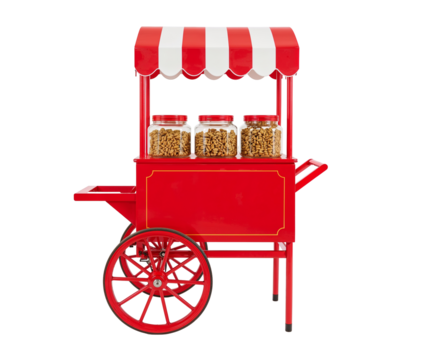 Nostalgic Delight, A Classic Peanut Brittle Cart with Candy Jars and a Striking Red Lid Offers a Sweet Treat