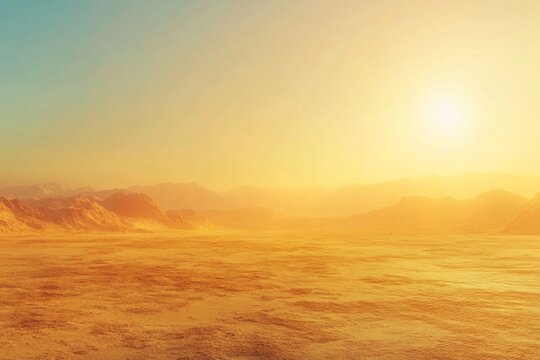 Bright sun shining over a large desert and mountains during sunset