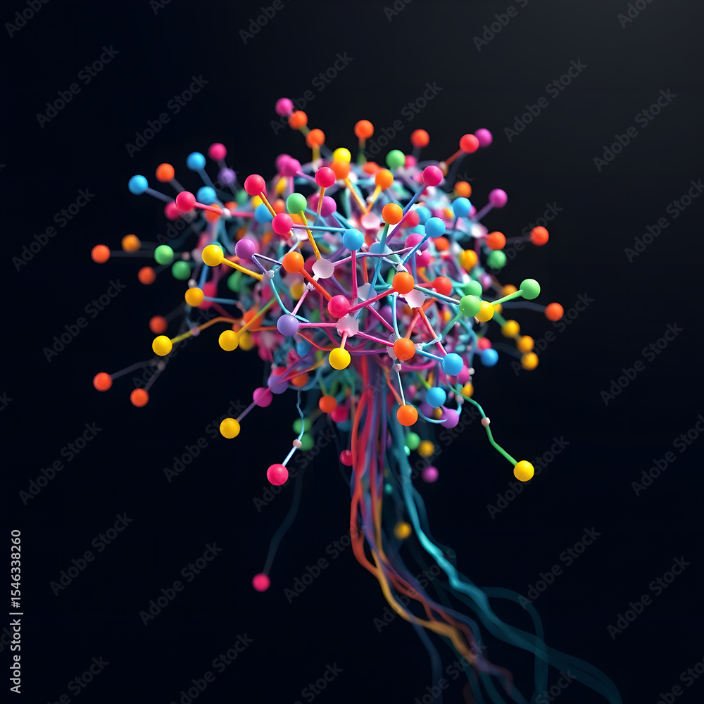 Poster abstract visualization of interconnected colorful spheres with flowing lines on dark background