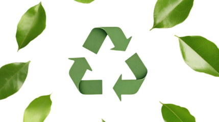 Green leaves surrounding a recycle symbol on a white isolated background, representing sustainability and eco-friendliness.