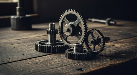 Fototapeta premium Interlocking gears on a rustic wooden surface.