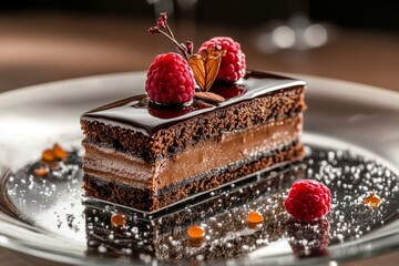 Chocolate cake slice with chocolate ganache, raspberries, and caramel drizzle, creating an indulgent dessert experience