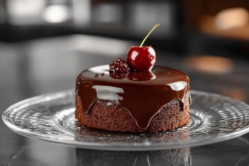 Small chocolate cake with dripping icing, decorated with cherry and blackberry, served on glass plate