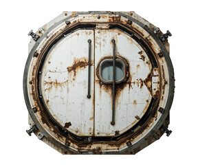 Naklejka premium Lucid Realism, A Heavily Damaged Space Capsule Door Reveals the Harsh Realities of Space Exploration and its Aftermath