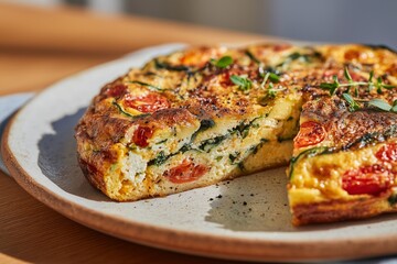 Golden Vegetable Frittata with Zucchini, Tomato, and Goat Cheese – Rustic Brunch Plate with Fresh Herbs