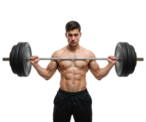 Powerful strongman lifting heavy barbell with round weights, showcasing strength and determination in stark isolation