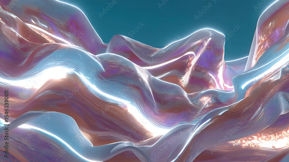 Poster iridescent waves of abstract fluid formations with shimmering light and soft gradients in modern art