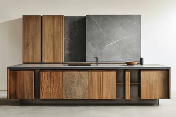 flawless image of Gray and wooden kitchen interior with counters high detail