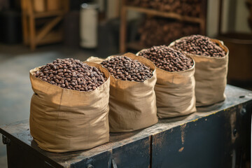 Full burlap sacks brimming with roasted cocoa beans await processing in a chocolate factory, highlighting the rich aroma and quality ingredients