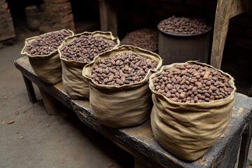 Burlap sacks brimming with cocoa beans, showcasing the rich harvest ready for chocolate production