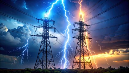 Dramatic Lightning Storm Over Power Towers At Sunset