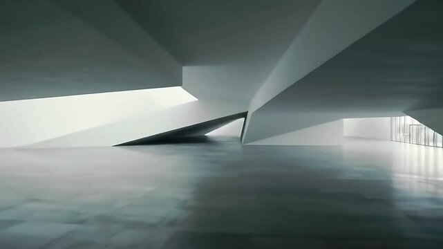 Drone movement tracing the futuristic architectural lines inside a modern art museum