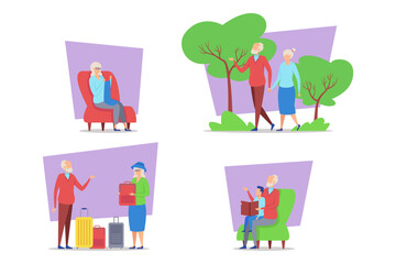 Fototapeta premium Collection of icons with elderly individuals engaged in different activities, such as relaxing, walking, traveling, and reading. Friendship and leisure concept