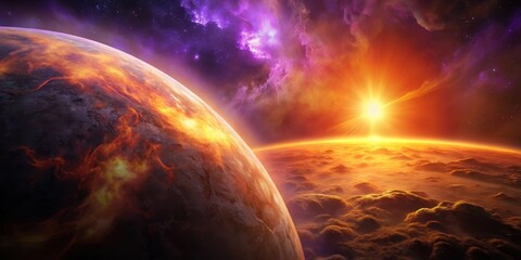 Swirling clouds of purple gas surround a vibrant orange sun