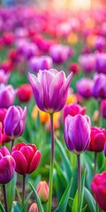 Obraz premium Vibrant pink and purple tulips in a beautiful flower field with soft focus background
