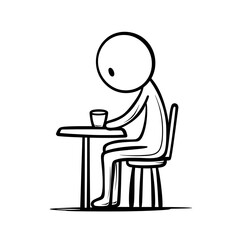 Fototapeta premium Minimalist Stick Figure Contemplating Coffee at a Table, Lost in Thought