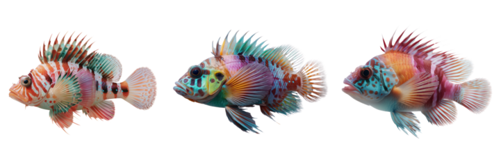 Colorful tropical fish swimming in coral reef underwater dynamic scene on transparent background