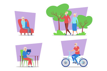 Diverse elderly individuals engaged in joyful activities. Dancing, enjoying tablet, fishing, and traveling. Vibrant moments of live concept