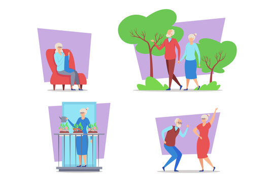 Elderly individuals engaged in diverse activities, including walking, gardening, and socializing. Active lifestyle concept