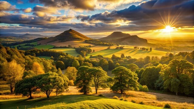 Sunlight filtering through trees as it sets over Eildon Hills in a warm golden glow