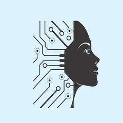 AI Face Technology Logo Flat Circuit Board Face Silhouette