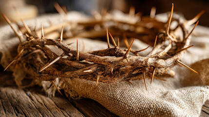 Crown of thorns resting on linen cloth symbolizing sacrifice and hope during Holy Week and Easter celebration