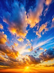 Obraz premium Majestic blue sky with fluffy white clouds and an orange glow from the setting sun