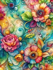 Watercolor-like floral pattern made of intricate